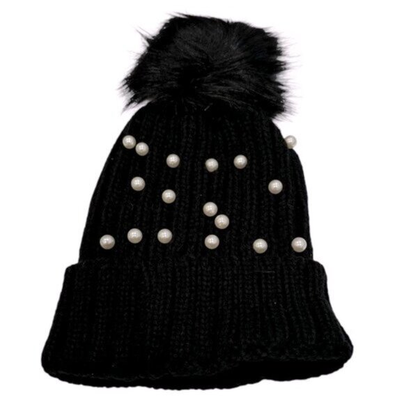 NWT Marcus Adler Black Knit Faux Pearl And Beaded Bling Warm & Comfy Beanie Hat - Picture 3 of 6